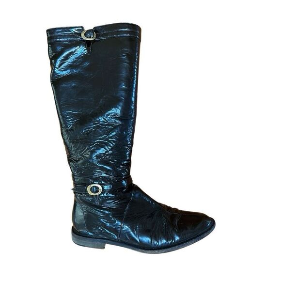 Jimmy Choo Chocolate Brown Patent Leather Riding Boots Gold Buckle Low Heel 38.5 - Picture 12 of 14